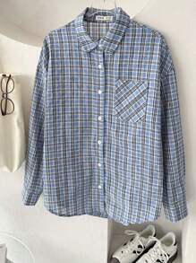 青少年女孩休闲宽松复古学院风长袖衬衫（蓝白配色），返校季 - 藍色 - 查看 1