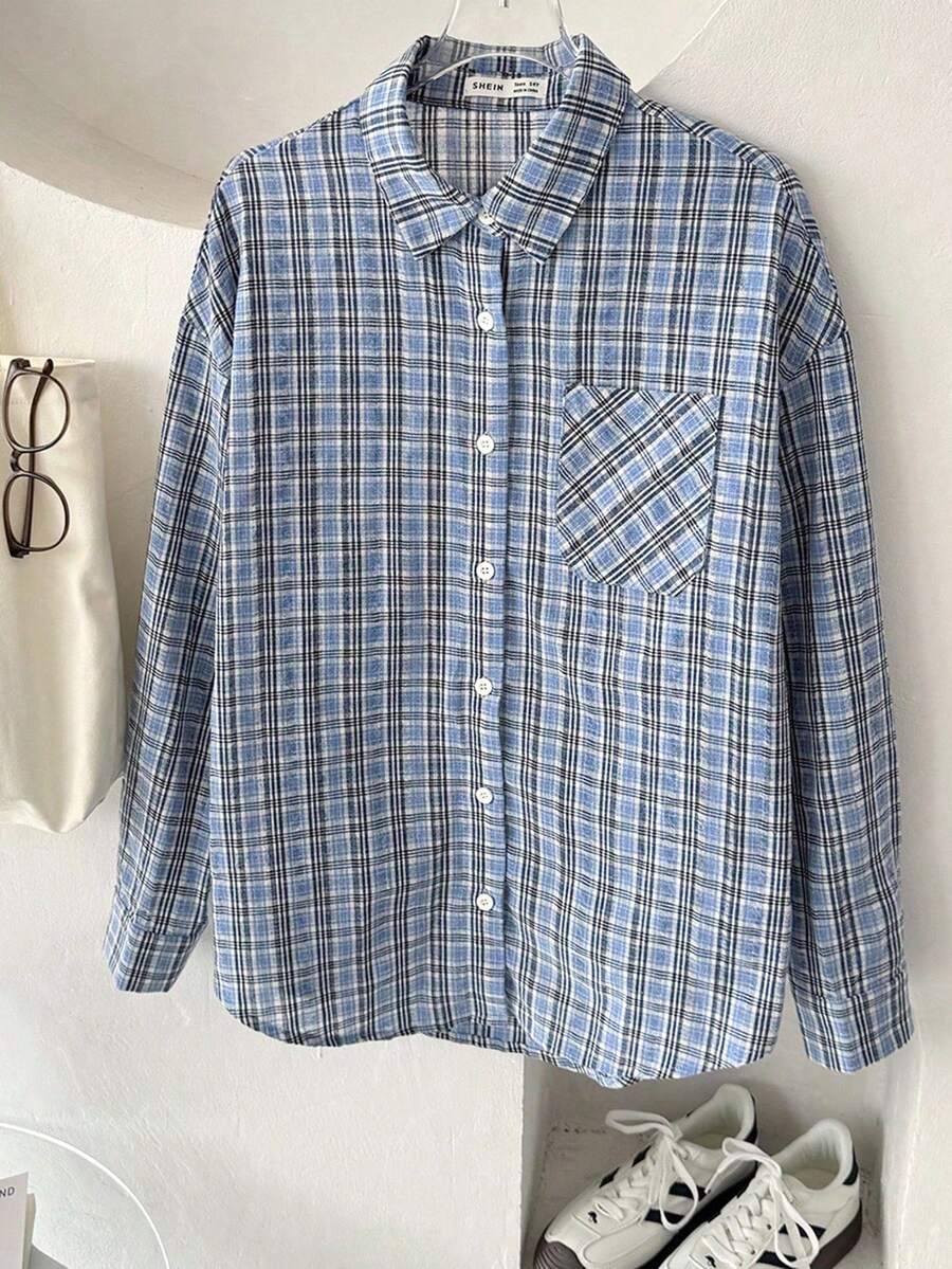 青少年女孩休闲宽松复古学院风长袖衬衫（蓝白配色），返校季 - 藍色 - 查看 1