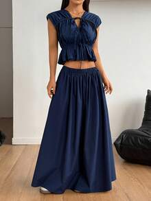 SHEIN PETITE Women's Solid Color Tie Front Ruffle Hem Top And Skirt 2 Pieces Set ,Petite Women - Navy Blue - View 8