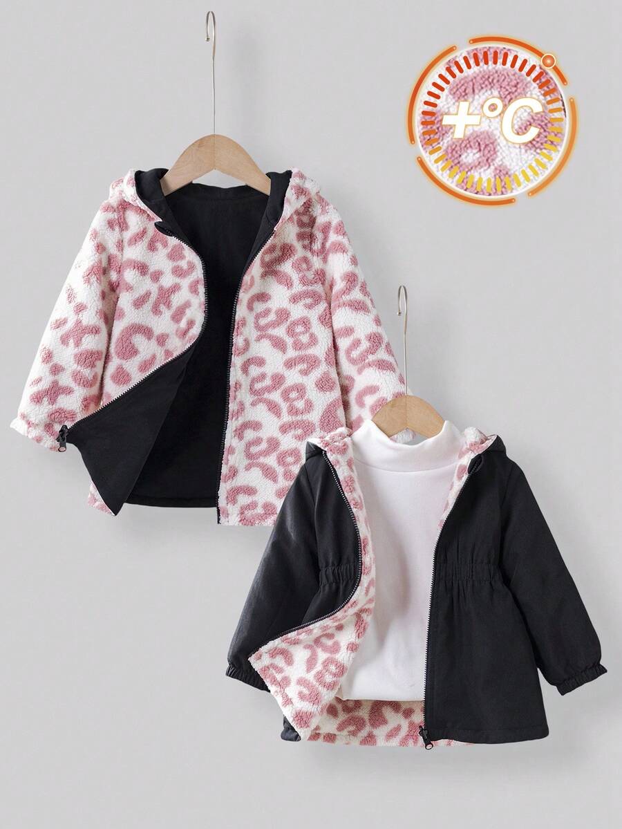 SHEIN Áo khoác có mũ lót giữ nhiệt họa tiết da báo cho bé gái, đa năng cho mùa thu/đông - Nhiều màu - Xem 1
