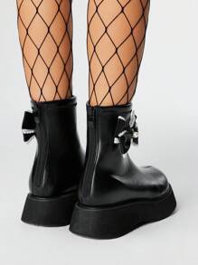 ROMWE Grunge Punk 2.0in Heel Lace Bow Round Toe Zipper Back Punk Style Leather Platform Ankle Boots, Casual Thick Sole Ankle Boots For Women - Black - View 5