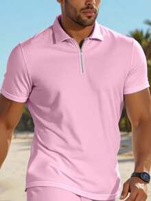 Manfinity Dauomo Men's Summer Solid Color Short Sleeve Polo Shirt And Shorts Casual Suit, Cozy Outfits - Baby Pink - View 3