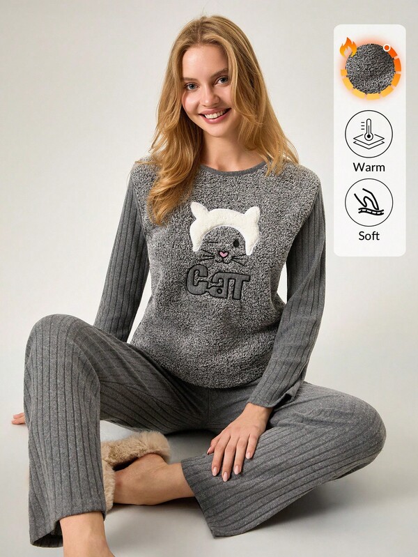 Loomlin Conjunto de pijama de punto acanalado con detalles bordados de letras y gatos, de tela suave y esponjosa para uso doméstico y descanso para damas