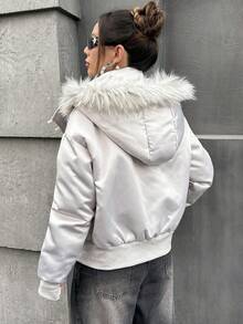 SHEIN ICON Áo khoác lông cừu chắp vá bằng vải satin phong cách cổ điển dành cho nữ, Thu/Đông - Màu Xám nhạt - Xem 5