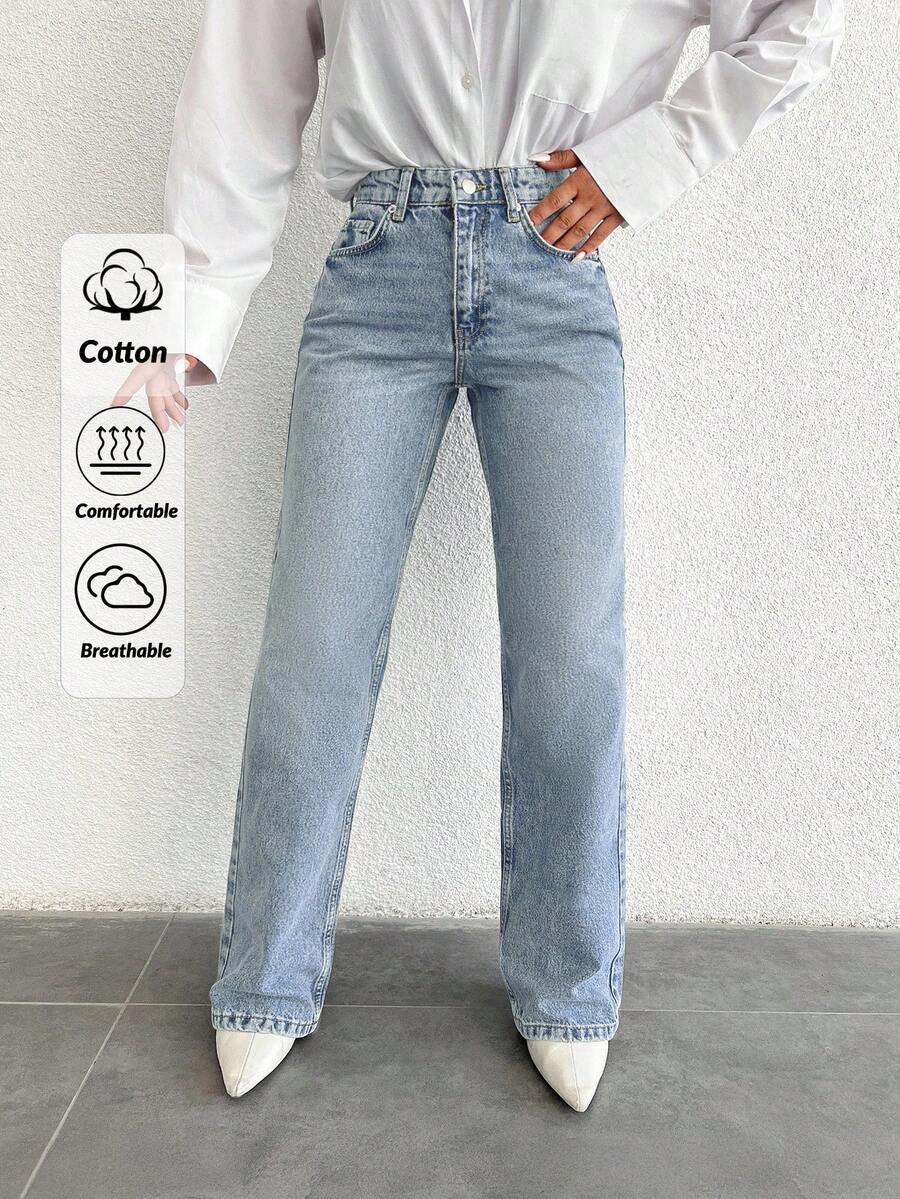 SHEIN PETITE Petite High Waist Casual Straight Jean Women Jeans High Waisted Petite Jeans For Women High Waisted Jeans Jeans Woman Women Jeans Plus Size Women S Clothes Women S Bottoms Women Summer Clothing Woman S Summer Clothes - Medium Wash - View 1