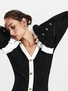 SHEIN Luminelle Váy len tay loe phối màu thanh lịch dành cho người đi làm - màu đen - Xem 1