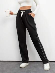 SHEIN Tall Cotton Contrast Piping Drawstring Waist Sweatpants - Black - View 3