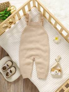 SHEIN 1 件粉色荷叶边吊带连体裤，精致刺绣连体裤，女婴针织，时尚甜美装 - 杏色 - 查看 2