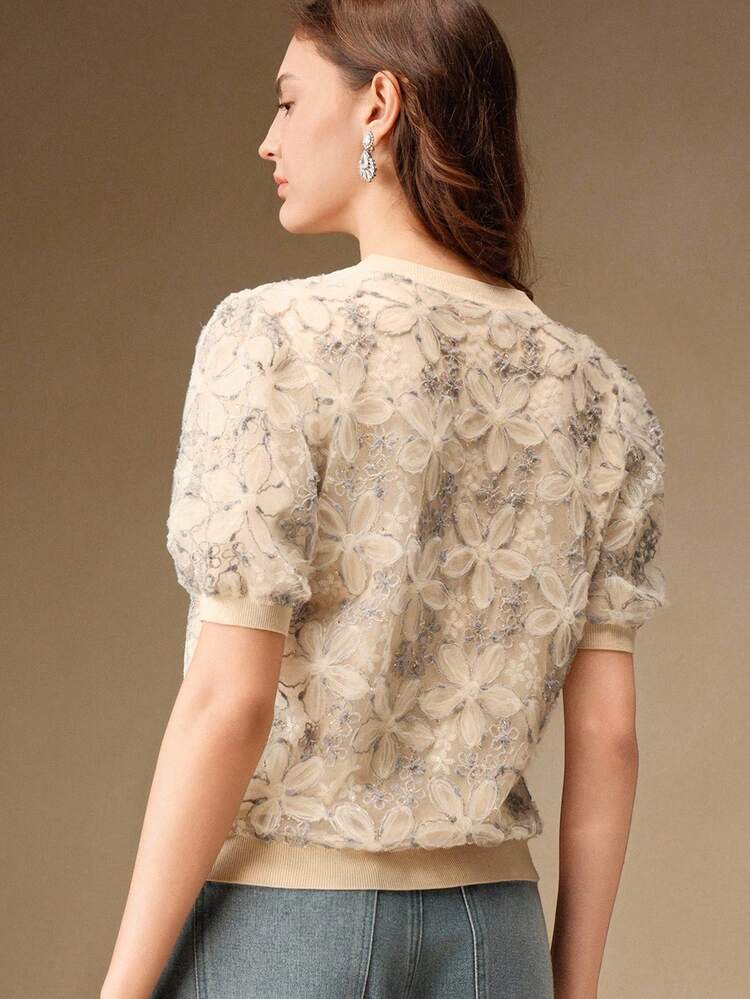 Elegant Vintage Sheer Green Short Sleeve Slimming T-Shirt
