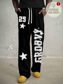 Manfinity EMRG Calça de moletom masculina moderna, casual, estilo jovem, estilo urbano, com letras bordadas e estampa de estrelas, com estampa digital, adequada para encontros, reuniões, combinação de casais, ótimo presente para namorado, estilo emo, anos 2000 - Preto - Ver 2