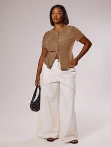 MUSERA 大码纽扣修身长袖上衣，春季优雅高贵度假可爱浪漫90年代Y2K节日风，春夏复活节 - 卡其色 - 查看 3