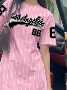 SHEIN Leap Crew 可爱学院风粉色条纹印花，少女休闲简约短袖中长连衣裙，适合夏季、返校季