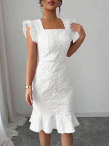 Elenzga 女士方领盖袖优雅提花通勤连衣裙，夏季 - 白色 - 查看 3