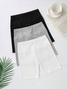 SHEIN 3件組青少年女孩純色黑色、白色、淺灰色短款緊身褲 開學季時尚短款緊身褲 - 黑與白 - 查看 4