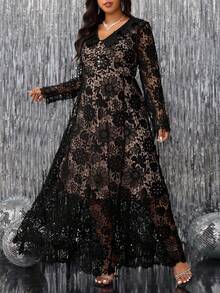Gownix 大码优雅纯色蕾丝连衣裙 - 黑色 - 查看 10