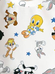LOONEY TUNES X SHEIN Sudadera casual de niña bebé con estampado de dibujos animados y estrellas, para primavera/otoño - Blanco - Ver 3
