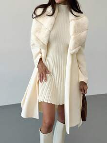 Aloruh Elegante abrigo con cuello de cascada de unicolor, otoño/invierno - Albaricoque - Ver 7