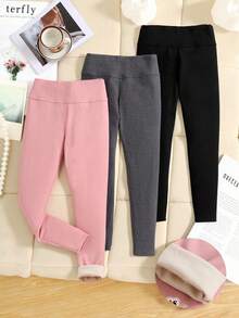 SHEIN 3pcs/Set Tween Girls' Knit High Waist Fleece Leggings