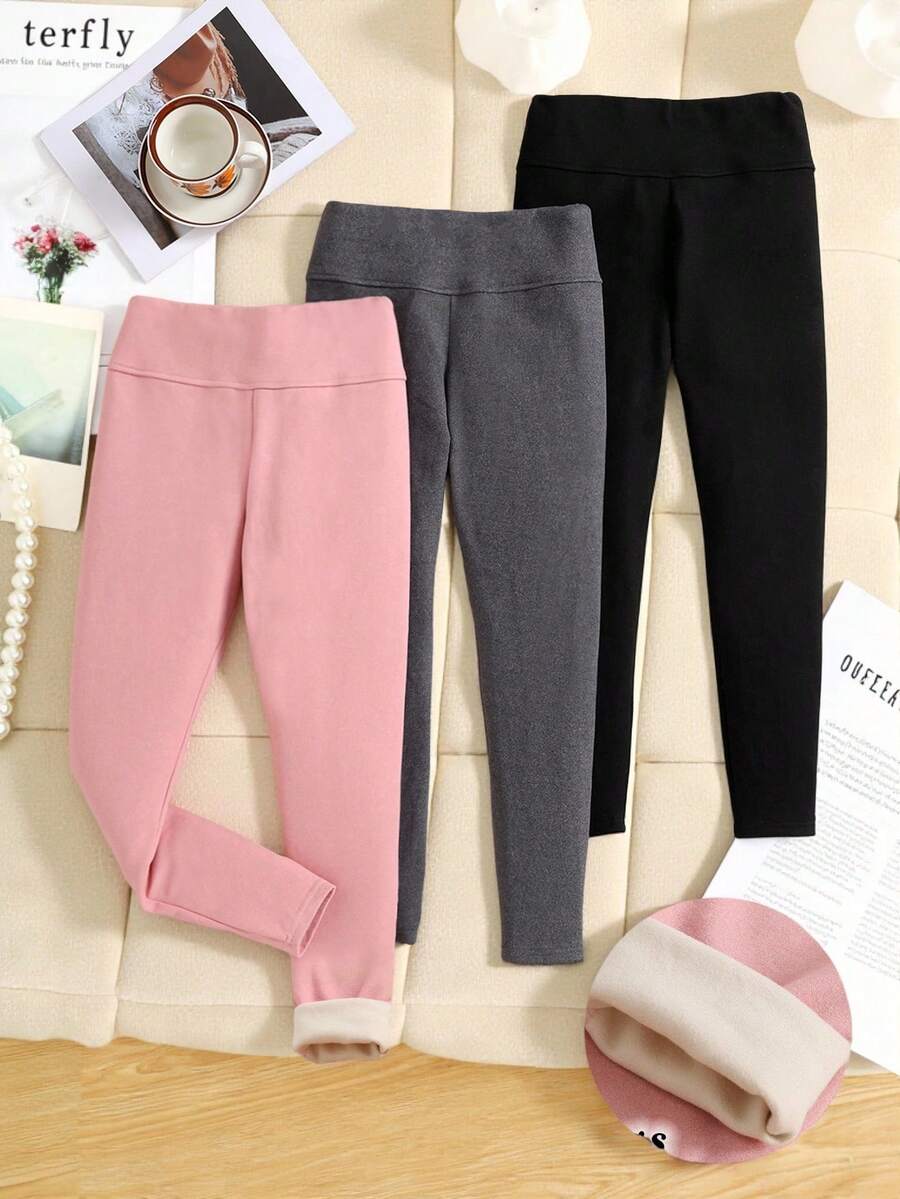 SHEIN 3pcs/Set Tween Girls' Knit High Waist Fleece Leggings
