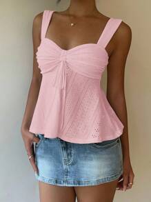 MainGRL Women's Pink Hollow Embroidery Drawstring Detail Casual Tank Top, Summer - Pink - View 3