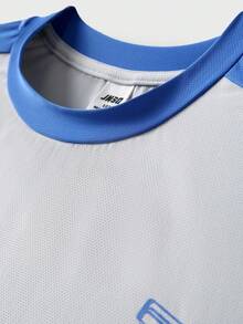 JNSQ Back To School Outdoor Sports Jersey Shorts Set, Kids Round Neck Contrast Color Patchwork Funny Letter Print Graphic Outdoor Sports Short Sleeve T-Shirt Set - Blue - View 7