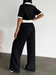 EURMUSE Women Polo Neck Top Tshirt And Contrast Belt Detailed Pant Two Pieces Set Halloween Fall Halloween Plus Size - Black and White - View 2