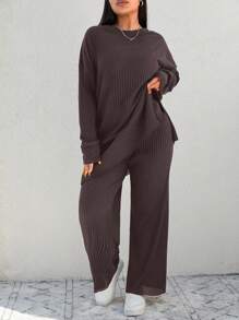 EURMUSE Plus Drop Shoulder Split Hem Tee & Pants - Brown - View 4