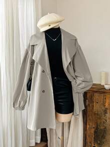 Comfortcana Plus Size Solid Color Turndown Collar Button Tie Belt Casual Minimalist Trench Coat,Fall Clothes For Women Winter Autumn