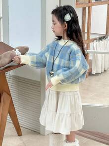 DAZY Young Girls Plaid Round Neck Casual Long Sleeve Sweater, Spring/Autumn - Blue - View 3