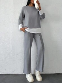 EURMUSE Bộ đồ thể thao 2 món thoải mái, áo nỉ cổ tròn thường ngày cỡ nhỏ có viền chi tiết, vừa vặn thoải mái - Xám - Xem 3