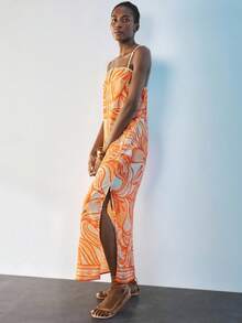 SHEIN Maija 女士碎花连衣裙，优雅度假沙滩装，秋冬款 - 橘色 - 查看 3