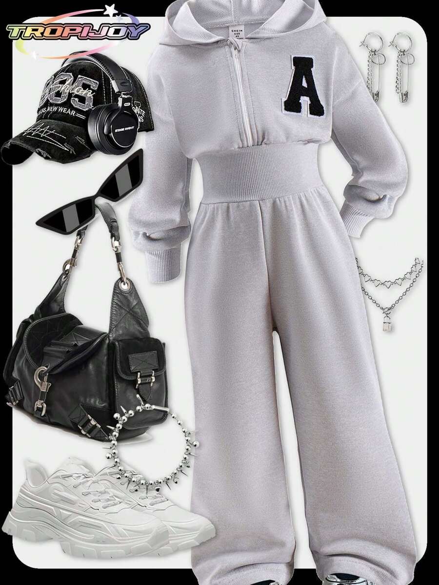 SHEIN Young Girl Casual Everyday Sporty Hooded Full Zip Long Sleeve Jumpsuit, Gray, Comfortable Waist Drawstring Simple Leisure Jumpsuit, Autumn Summer Holiday - Grey - View 1