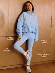 GLOWMODE Quần legging cạp siêu cao 28 inch Softy Velvaire không đường may phía trước với túi bên hông, thích hợp cho yoga, pilates, tập luyện nhẹ nhàng, mặc hàng ngày, mùa xuân hè. - Màu xanh nhạt - Xem 2