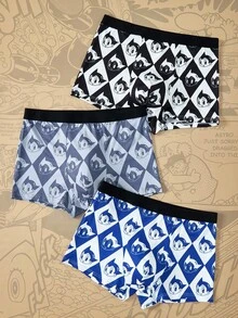 Astro Boy X SHEIN 3pcs Men's Allover Print Contrast Tape Waist Comfortable Trunks,Basic Casual Boxer Brief, Men Boxers Pack - Black - View 1