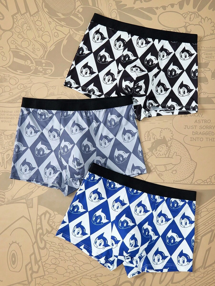 Astro Boy X SHEIN 3pcs Men's Allover Print Contrast Tape Waist Comfortable Trunks,Basic Casual Boxer Brief, Men Boxers Pack - Black - View 1