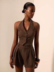 Zivah 2025 Summer New Arrival Music Festival, Birthday Party, Graduation, Student, Daily Casual, Basic Versatile, Leisure, Cruise Travel, Beach, Sunbathing, Viral , Elegant, Commute, Halter Neck, Sexy Backless, Front Button, Ruffle, Dual-Tone Bamboo Fiber, Linen, Coffee Brown Set - Coffee Brown - View 5