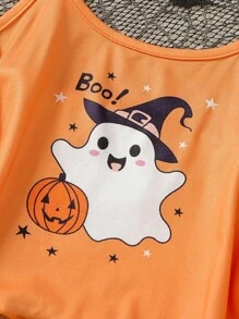 Conjunto de pijama de 2 piezas con camiseta de tirantes con gráfico minimalista de fantasma de Halloween y shorts para niña preadolescente, pijamas de Halloween de vuelta a la escuela - Naranja - Ver 5