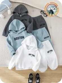 SHEIN 6件套婴儿男女童可爱休闲运动字母印花长袖连帽卫衣和慢跑裤套装，男女通用婴儿服装，婴儿冬季服装 - 彩色 - 查看 3