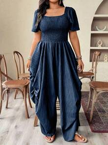 Weeklong Plus Size Women's Holiday Vacation Style Woven Loose Boat Neck Short Sleeve Jumpsuit - Navy Blue - View 5