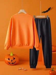 GARFIELD | SHEIN 青少年男孩可爱卡通万圣节图案圆领长袖针织宽松运动衫和裤子套装 - 彩色 - 查看 2