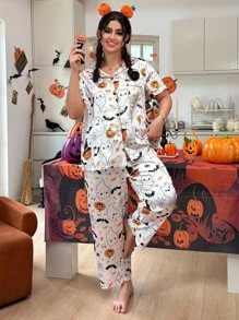 Plus Size Funny Halloween Element Printed Faux Silk Shirt & Pants Pajama Set, For Halloween Party - White - View 2