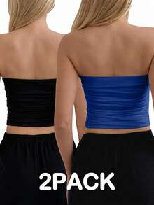 EURMUSE 2 piezas Top tubo ajustado con pliegues de unicolor minimalista para mujer, verano - Multicolor - Ver 2