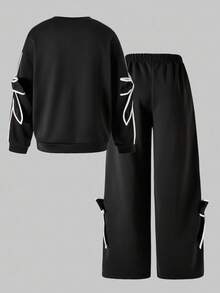 Sparklyn 2 件青少年女孩宽松休闲可爱设计撞色蝴蝶结袖上衣搭配宽松阔腿撞色条纹裤，适合日常、通勤、休闲、街头风格、姐妹聚会、秋冬 - 黑色 - 查看 2