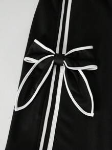 Sparklyn 2 件青少年女孩宽松休闲可爱设计撞色蝴蝶结袖上衣搭配宽松阔腿撞色条纹裤，适合日常、通勤、休闲、街头风格、姐妹聚会、秋冬 - 黑色 - 查看 6