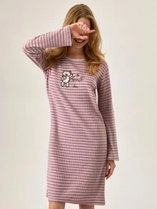 Loomlin Women Cotton Round Neck Rib Knit Striped Cute Bear&Letter Embroidery Detail Long Sleeve Homewear Pajama Sleep Dress - Multicolor - View 6
