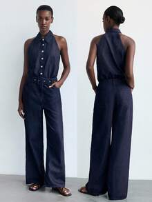 Maija 时尚休闲百搭纽扣无袖女式牛仔连体裤