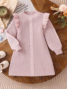 Emery Rose Kids Emery Rose Kids 年轻女孩纯色圆领荷叶边下摆休闲毛衣裙女秋冬装 - 粉色 - 查看 8