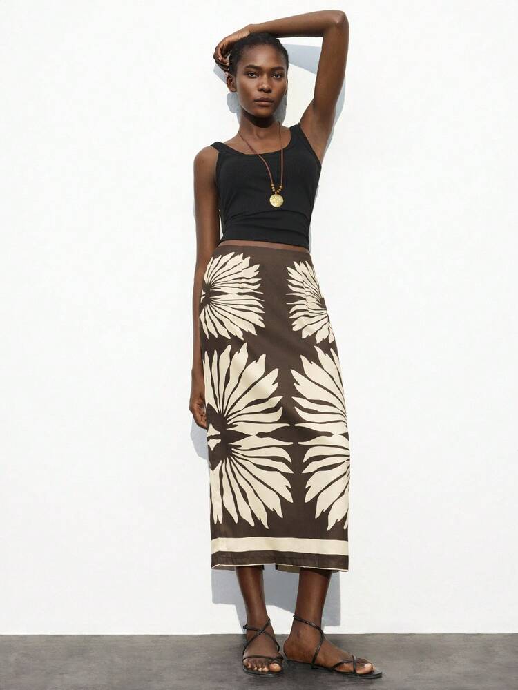 SHEIN Maija Women's Floral Print A-Line Skirt, High Waist Color Block Beach Holiday Bohemian Style Dress