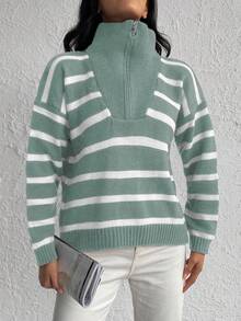 SHEIN Cottnline Women's Zipper Half-Placket Striped Sweater Pullover - Mint Green - View 4