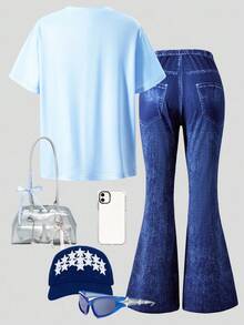2pcs/Set Cartoon Girl Print Casual Minimalist Short Sleeve Top And Pants For Teen Girls - Blue - View 2